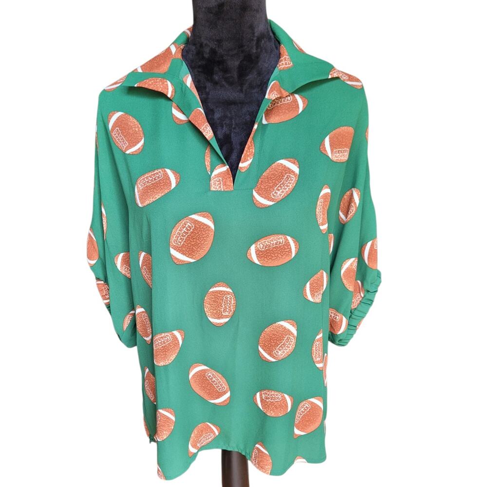 Adrienne Size Medium Green Football Print Quarter Sleeve Blouse Top